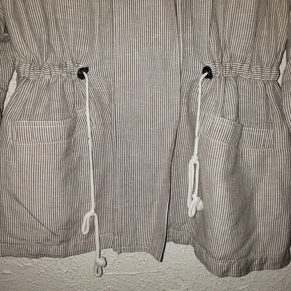 Lucky Brand Sz L Women's Linen Blend Striped Jacket Full Zip Waist Drawstring - Picture 4 of 12